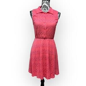 Espresso Button Up Lace Fit and Flare Dress sz M Coral